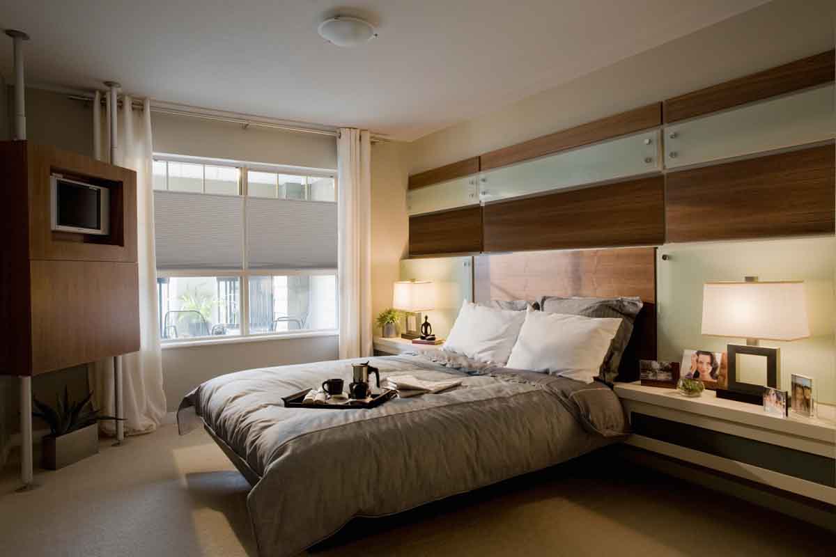 Phase II Wood and Glass Panels on Wall Behind Bed - Phase II